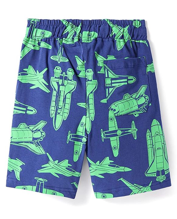 Pine Kids Single Jersey Knit Half Sleeves Shorts Night Suit with Aeroplane Print - Navy Blue