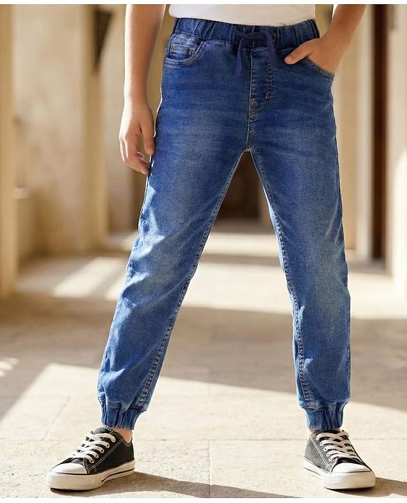 Pine Kids Woven Full Length Solid Washed Denim Joggers - Blue