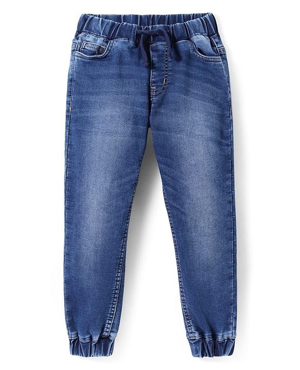 Pine Kids Woven Full Length Solid Washed Denim Joggers - Blue
