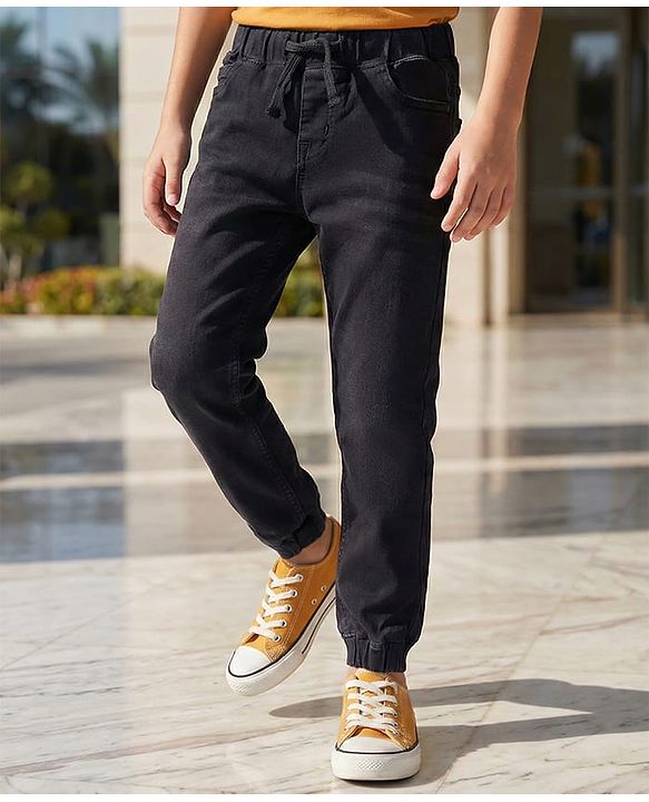 Pine Kids Woven Full Length Solid Washed Denim Jeans - Black
