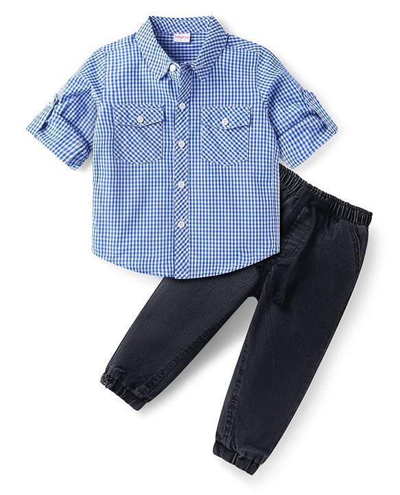 Babyhug Cotton Woven Full Sleeves Checkered Shirt & Trouser Set - Light Blue & Black