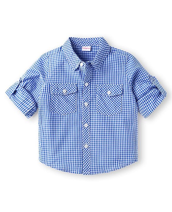 Babyhug Cotton Woven Full Sleeves Checkered Shirt & Trouser Set - Light Blue & Black