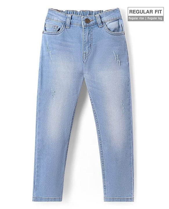 Pine Kids Woven Full Length Solid Washed Denim Jeans - Light Blue