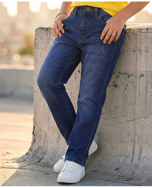 Pine Kids Woven Full Length Solid Washed Denim Jeans - Navy Blue