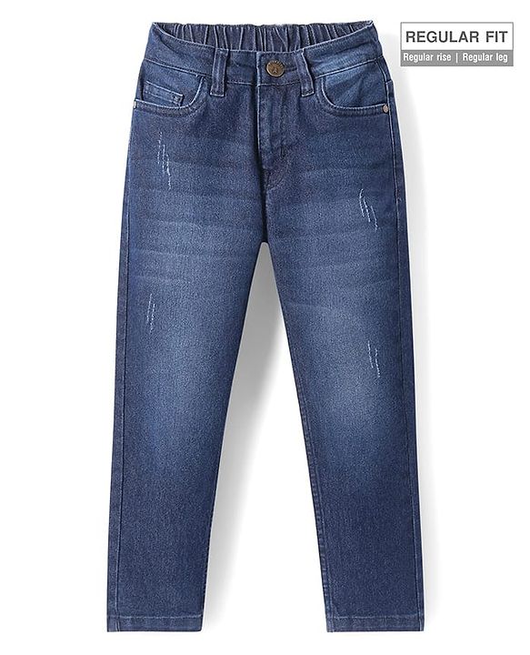 Pine Kids Woven Full Length Solid Washed Denim Jeans - Navy Blue