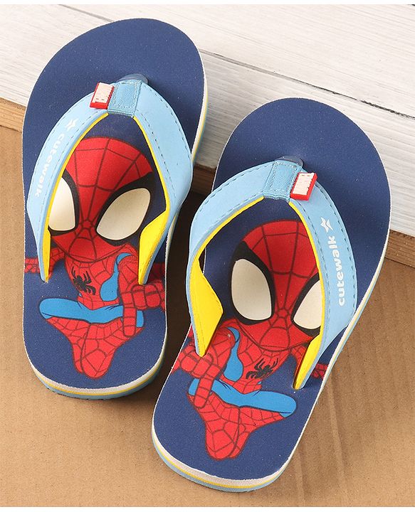 Cute Walk by Babyhug Disney Slip On Flip Flops with Spiderman Print - Light Blue