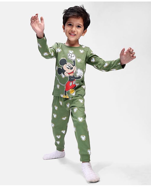 Babyhug Disney Single Jersey Knit Full Sleeves Winter  Night Suit  With Mickey Mouse Graphics - Olive Green