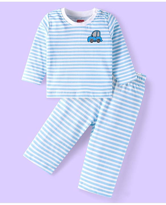 Babyhug Single Jersey Knit Full Sleeves Striped T-Shirt & Lounge Pant Set With Car Print - Light Blue & White