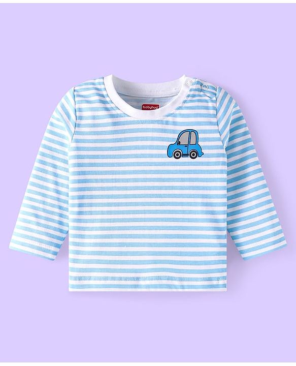 Babyhug Single Jersey Knit Full Sleeves Striped T-Shirt & Lounge Pant Set With Car Print - Light Blue & White