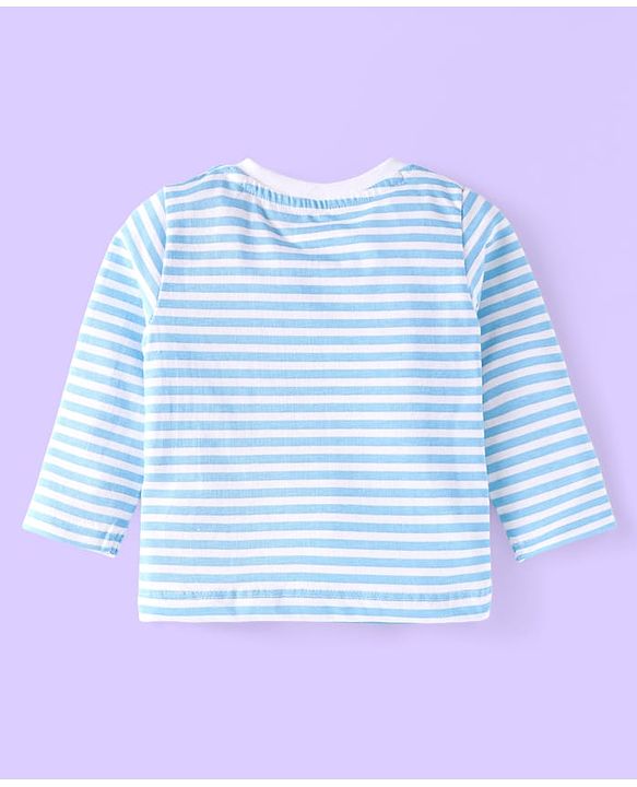 Babyhug Single Jersey Knit Full Sleeves Striped T-Shirt & Lounge Pant Set With Car Print - Light Blue & White