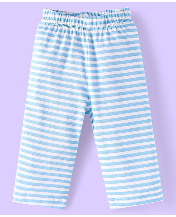 Babyhug Single Jersey Knit Full Sleeves Striped T-Shirt & Lounge Pant Set With Car Print - Light Blue & White