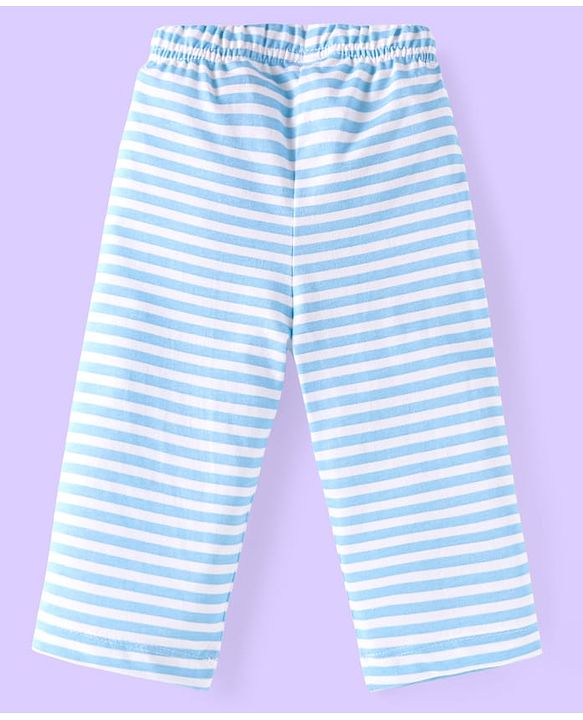 Babyhug Single Jersey Knit Full Sleeves Striped T-Shirt & Lounge Pant Set With Car Print - Light Blue & White