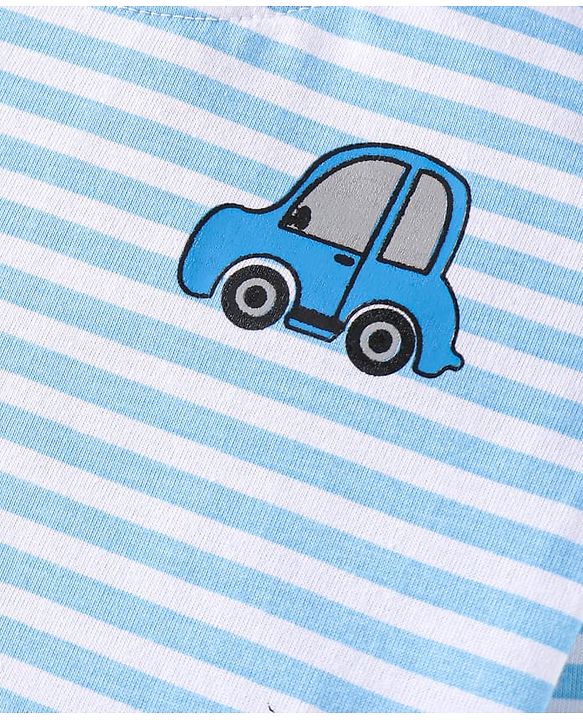Babyhug Single Jersey Knit Full Sleeves Striped T-Shirt & Lounge Pant Set With Car Print - Light Blue & White