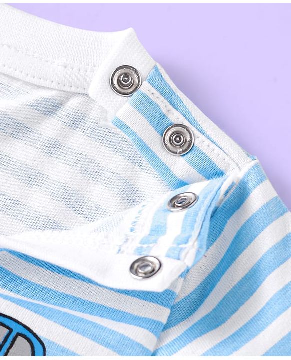 Babyhug Single Jersey Knit Full Sleeves Striped T-Shirt & Lounge Pant Set With Car Print - Light Blue & White