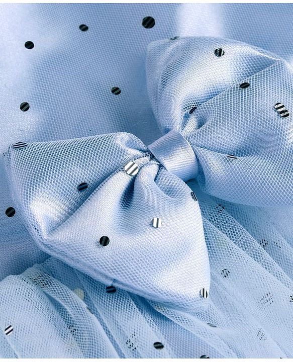 Babyhug Woven Sleeveless Party Wear Fit & Flare Dress With Foil Print  & Bow Detailing - Blue
