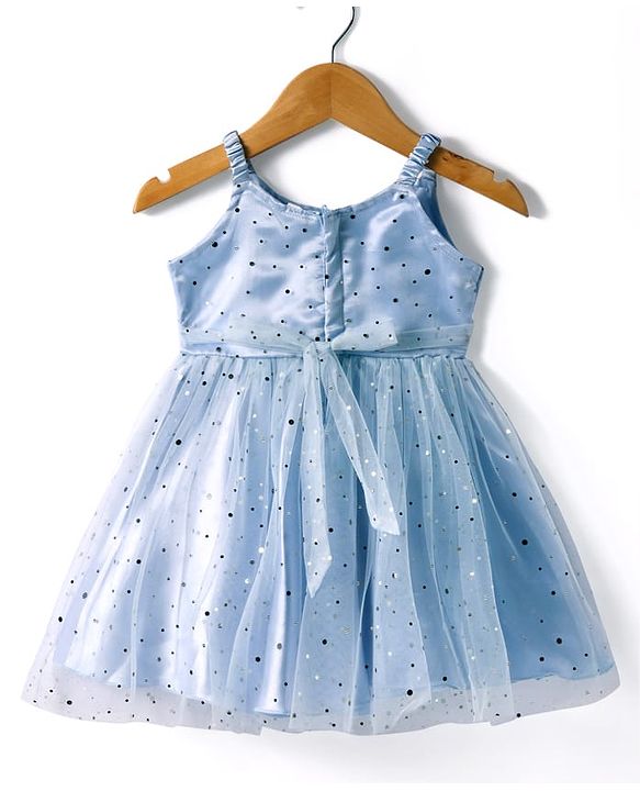 Babyhug Woven Sleeveless Party Wear Fit & Flare Dress With Foil Print  & Bow Detailing - Blue