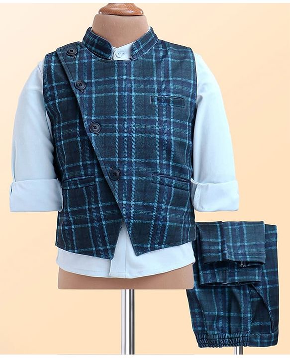 Babyhug Woven Full Sleeves Checkered 3 Piece Party Suit - Light Blue