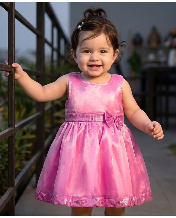 Babyhug Woven Sleeveless Party Dress With Bow Applique - Pink