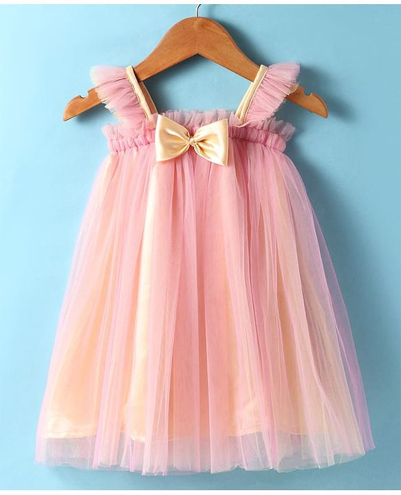 Babyhug Woven Singlet Sleeves Party Dress with Bow Applique & Frill Detailing - Pink
