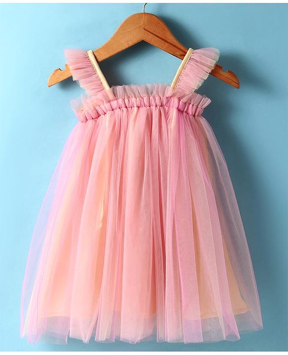Babyhug Woven Singlet Sleeves Party Dress with Bow Applique & Frill Detailing - Pink