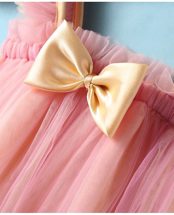 Babyhug Woven Singlet Sleeves Party Dress with Bow Applique & Frill Detailing - Pink