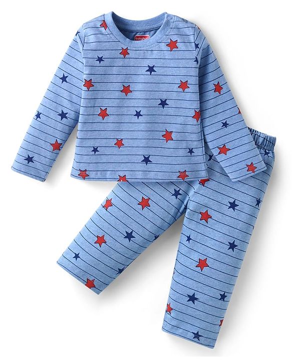 Babyhug Single Jersey Knit Full Sleeves Striped T-Shirt & Lounge Pant Set With Star Print - Blue
