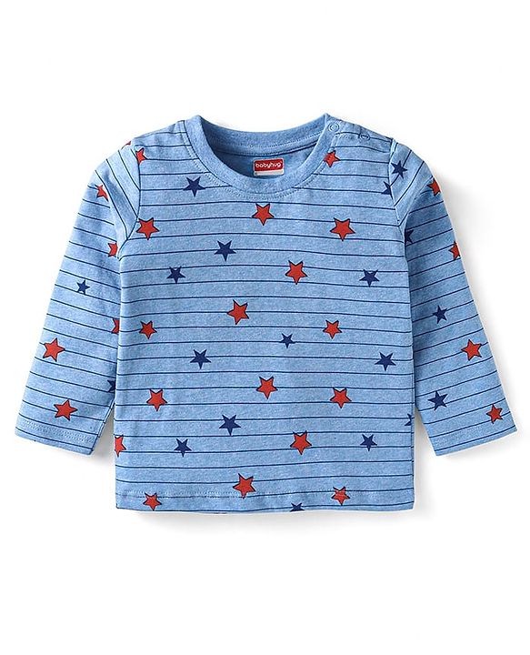 Babyhug Single Jersey Knit Full Sleeves Striped T-Shirt & Lounge Pant Set With Star Print - Blue