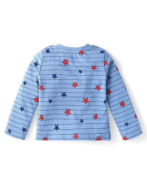 Babyhug Single Jersey Knit Full Sleeves Striped T-Shirt & Lounge Pant Set With Star Print - Blue