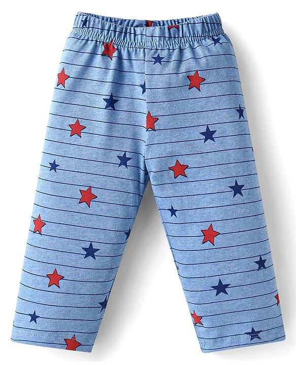 Babyhug Single Jersey Knit Full Sleeves Striped T-Shirt & Lounge Pant Set With Star Print - Blue