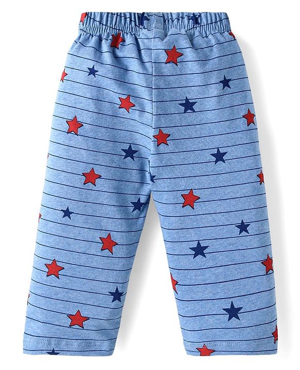 Babyhug Single Jersey Knit Full Sleeves Striped T-Shirt & Lounge Pant Set With Star Print - Blue