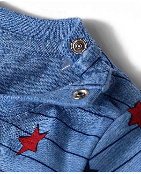 Babyhug Single Jersey Knit Full Sleeves Striped T-Shirt & Lounge Pant Set With Star Print - Blue
