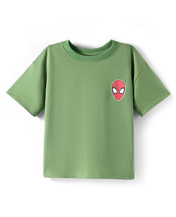 Pine Kids Marvel Terry Knit Half Drop Shoulder Sleeves T-Shirt with Spider Man Front & Back Graphic - Green