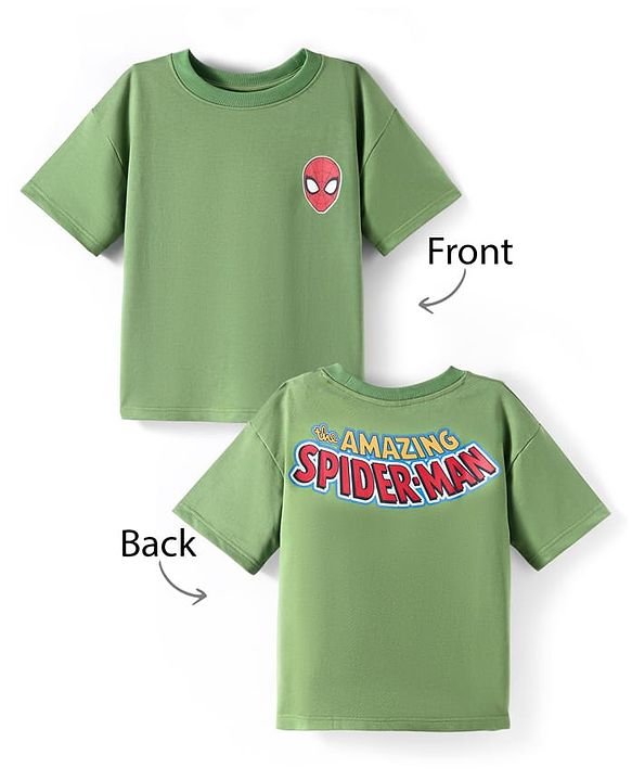 Pine Kids Marvel Terry Knit Half Drop Shoulder Sleeves T-Shirt with Spider Man Front & Back Graphic - Green