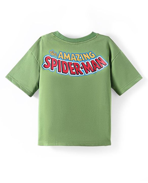 Pine Kids Marvel Terry Knit Half Drop Shoulder Sleeves T-Shirt with Spider Man Front & Back Graphic - Green
