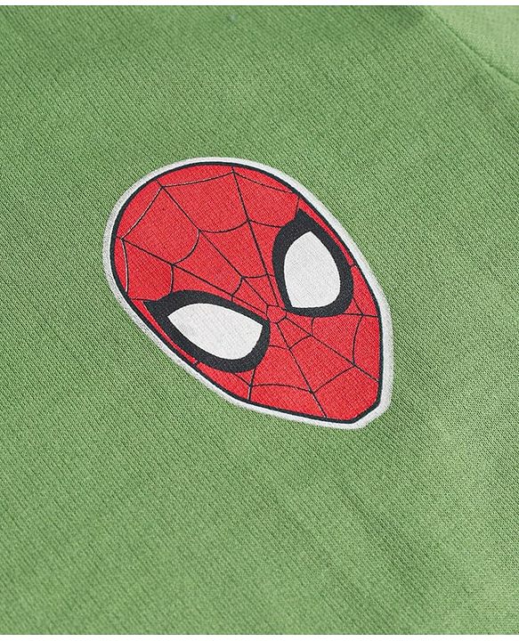 Pine Kids Marvel Terry Knit Half Drop Shoulder Sleeves T-Shirt with Spider Man Front & Back Graphic - Green