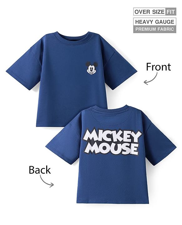Pine Kids Disney Terry Knit Half Drop Shoulder Sleeves Over Size Fit T-Shirt with Mickey Mouse Graphic - Navy Blue