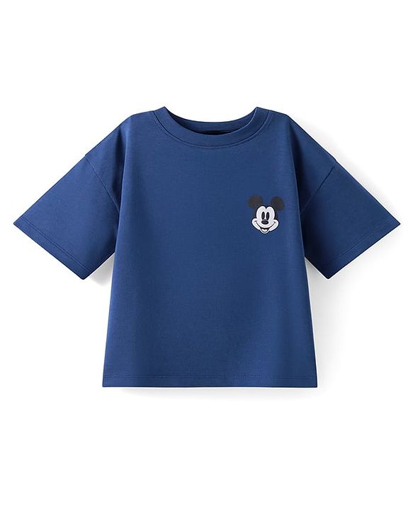 Pine Kids Disney Terry Knit Half Drop Shoulder Sleeves Over Size Fit T-Shirt with Mickey Mouse Graphic - Navy Blue
