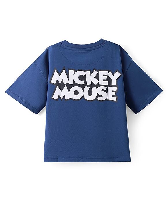 Pine Kids Disney Terry Knit Half Drop Shoulder Sleeves Over Size Fit T-Shirt with Mickey Mouse Graphic - Navy Blue