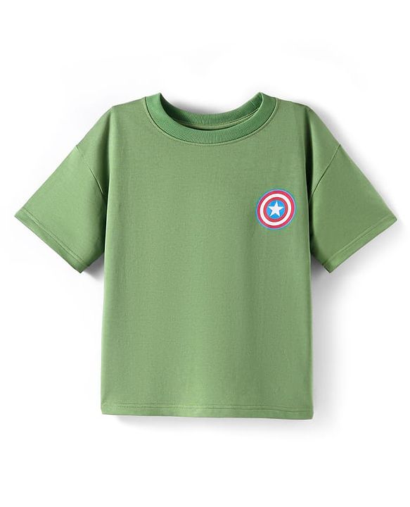 Pine Kids Marvel Terry Knit Half Drop Shoulder Sleeves T-Shirt with Captain America Graphic - Green