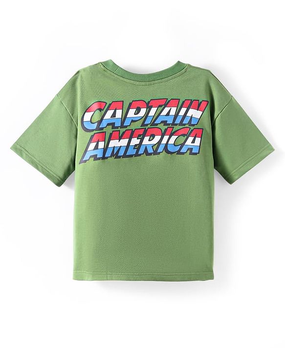 Pine Kids Marvel Terry Knit Half Drop Shoulder Sleeves T-Shirt with Captain America Graphic - Green