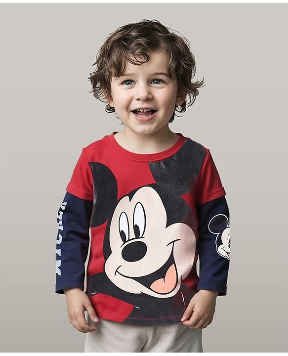Babyhug Disney Single Jersey Knit  Full Sleeves Cut & Sew T-Shirt With Front & Back Mickey Mouse Graphic - Red