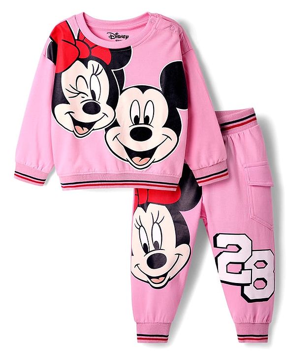 Babyhug Disney Terry Knit Full Sleeves T-Shirt & Track Pant Set with Minnie Mouse Graphics - Pink