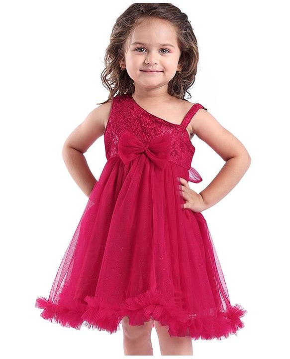 Babyhug  Woven Sleeveless  Party Wear Fit & Flare  Glitter Dress With Embroidery Details & Bow Applique - Dark Pink
