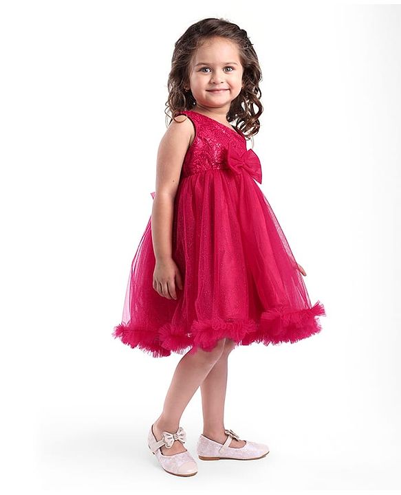 Babyhug  Woven Sleeveless  Party Wear Fit & Flare  Glitter Dress With Embroidery Details & Bow Applique - Dark Pink