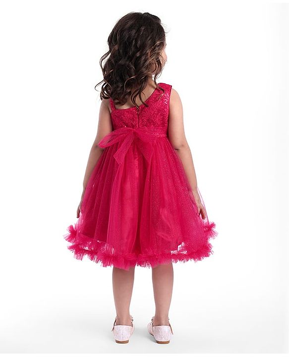 Babyhug  Woven Sleeveless  Party Wear Fit & Flare  Glitter Dress With Embroidery Details & Bow Applique - Dark Pink