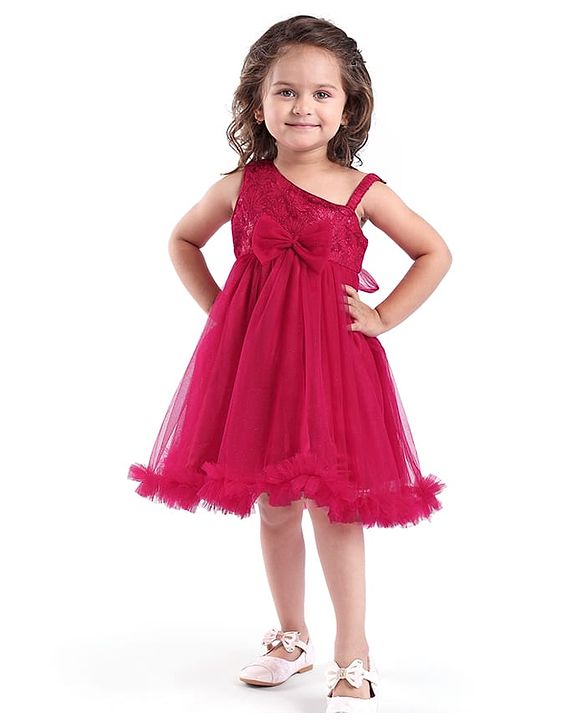 Babyhug  Woven Sleeveless  Party Wear Fit & Flare  Glitter Dress With Embroidery Details & Bow Applique - Dark Pink