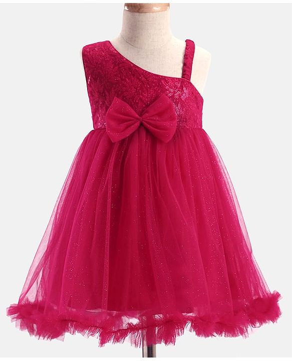 Babyhug  Woven Sleeveless  Party Wear Fit & Flare  Glitter Dress With Embroidery Details & Bow Applique - Dark Pink