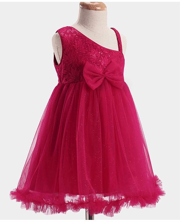 Babyhug  Woven Sleeveless  Party Wear Fit & Flare  Glitter Dress With Embroidery Details & Bow Applique - Dark Pink