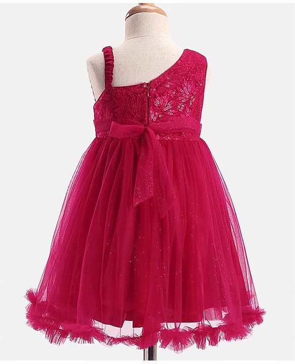 Babyhug  Woven Sleeveless  Party Wear Fit & Flare  Glitter Dress With Embroidery Details & Bow Applique - Dark Pink