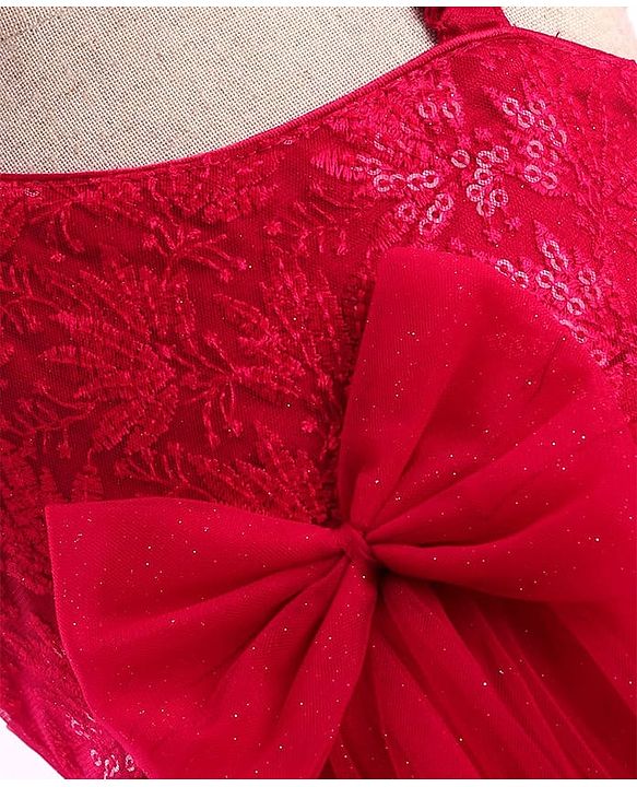 Babyhug  Woven Sleeveless  Party Wear Fit & Flare  Glitter Dress With Embroidery Details & Bow Applique - Dark Pink